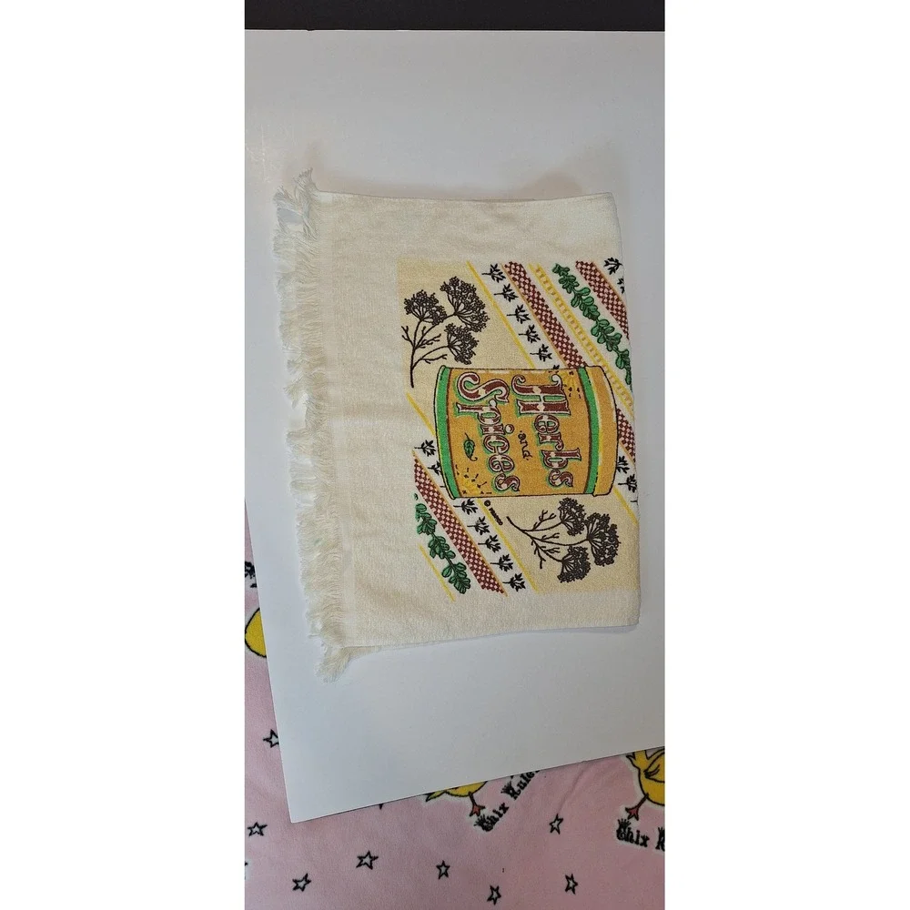 Vintage Herbs and Spices Kitchen Hand Towel Fringe Terry Cloth Made in USA Retro